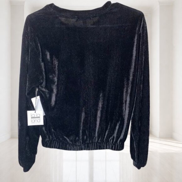 NWT La La Land Creative Co Black Ribbed Velvet Elastic Hem Top Small - Picture 3 of 8
